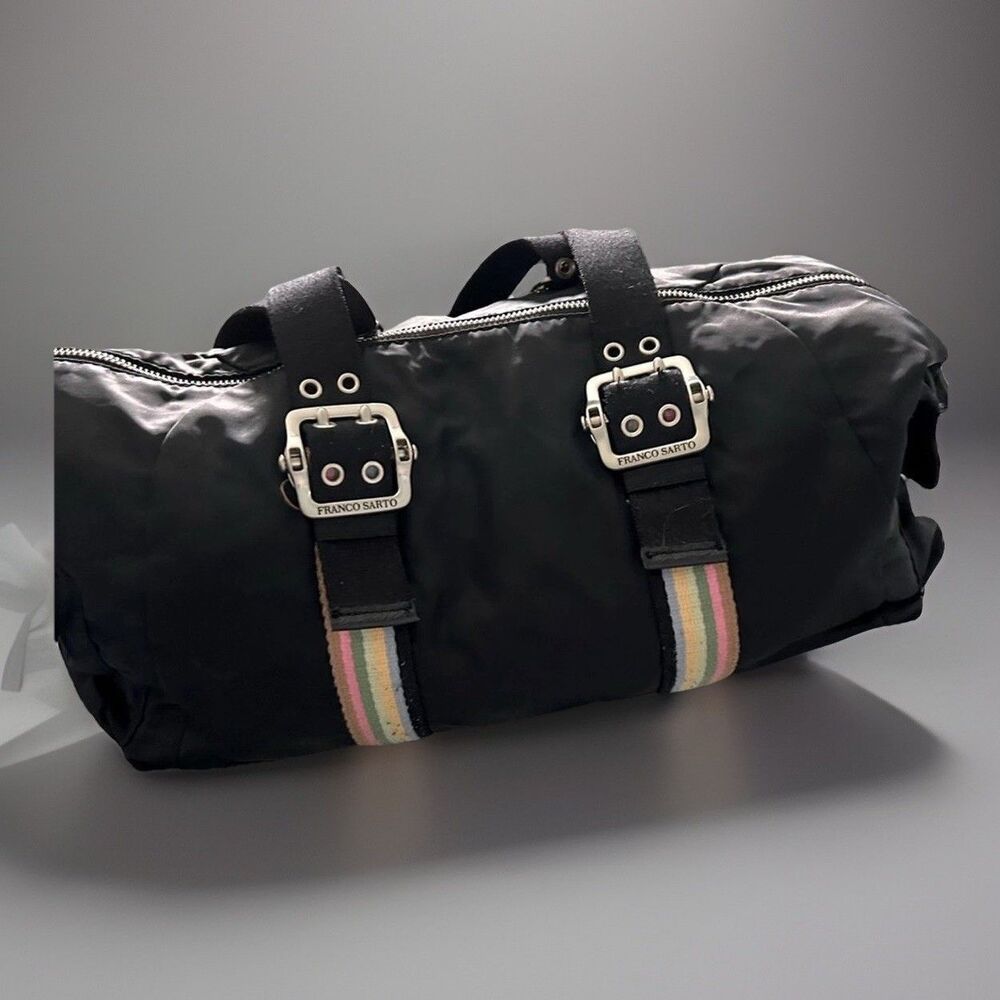 Vintage Franco Sarto Y2K satchel tote nylon black pastel striped handbag Barrel